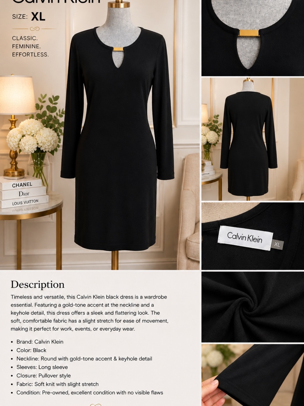 Calvin Klein Black Long-Sleeve Keyhole Dress with Gold Accent New no tags